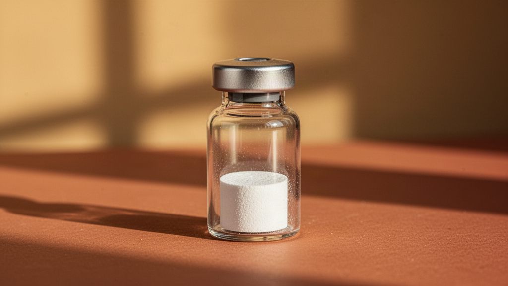 A sealed vial of white powder on a terracotta surface in warm afternoon light