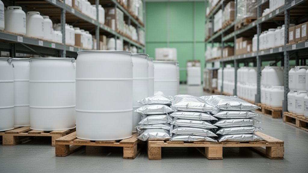 Sealed white drums and foil pouches on pallets in a pharmaceutical warehouse