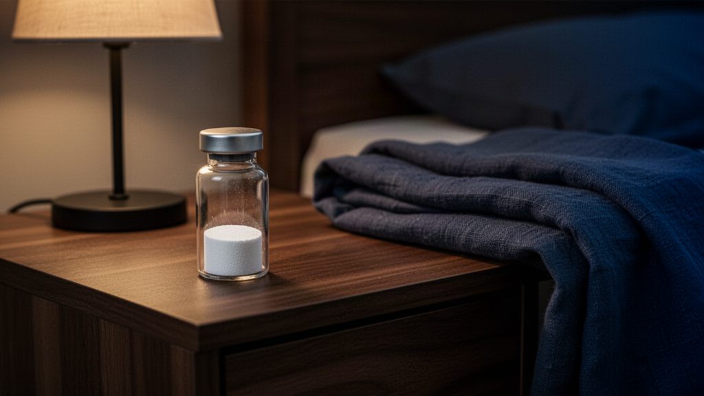 A sealed vial of white powder on a nightstand beside folded navy bedding