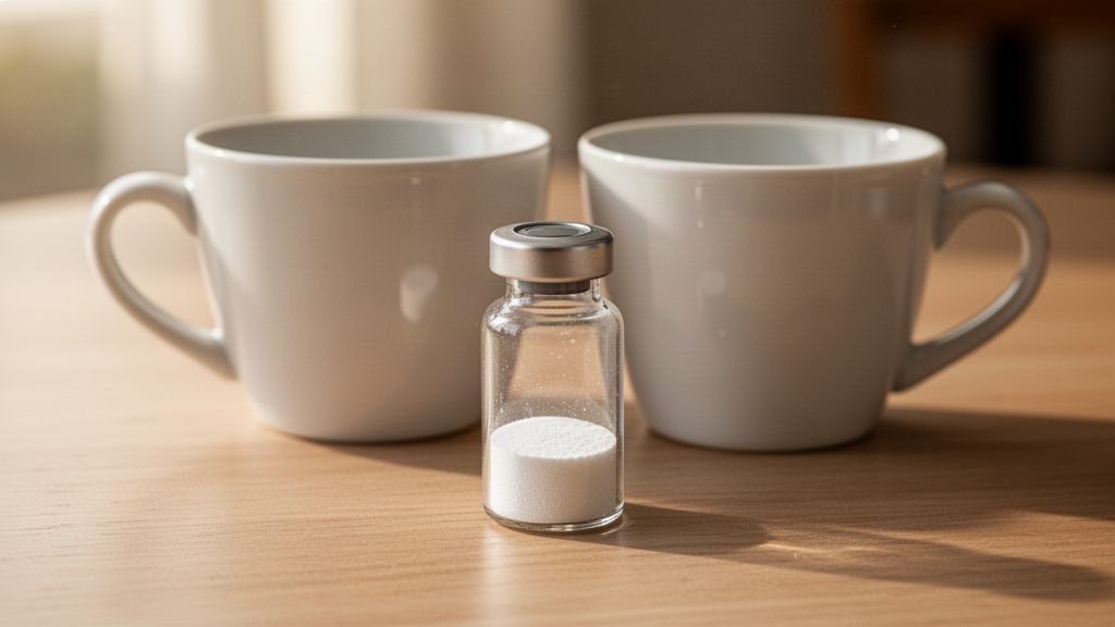 A sealed vial of white powder between two white coffee cups on a wooden table