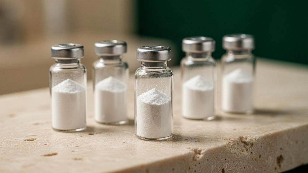 Five small vials of white powder on a stone lab bench, one in sharp focus