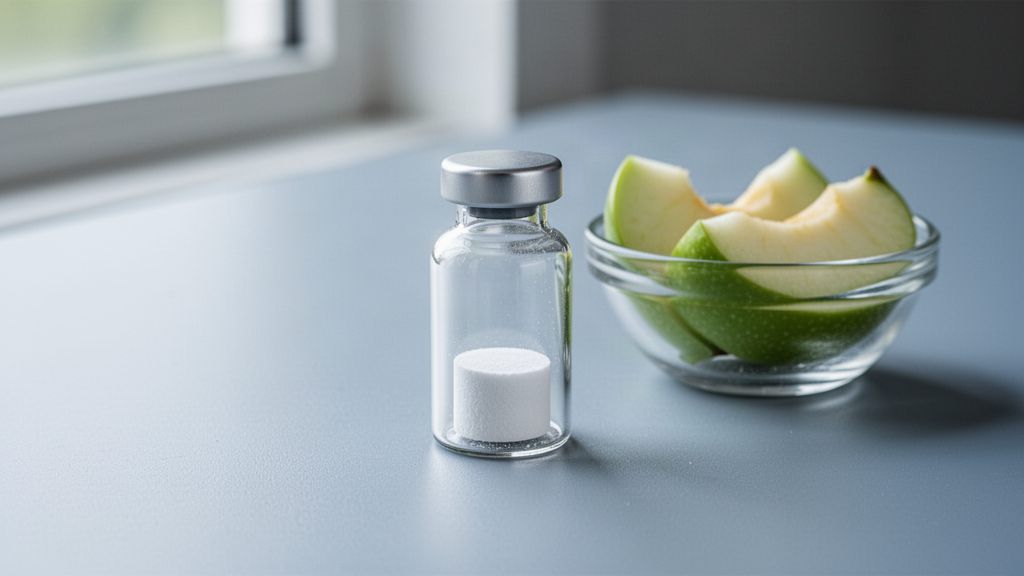 A sealed vial of white freeze-dried powder beside a bowl of green apple slices