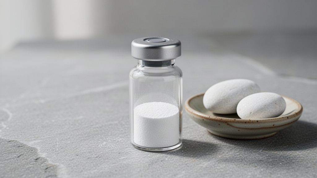 A sealed vial of white powder beside a dish of smooth white pebbles