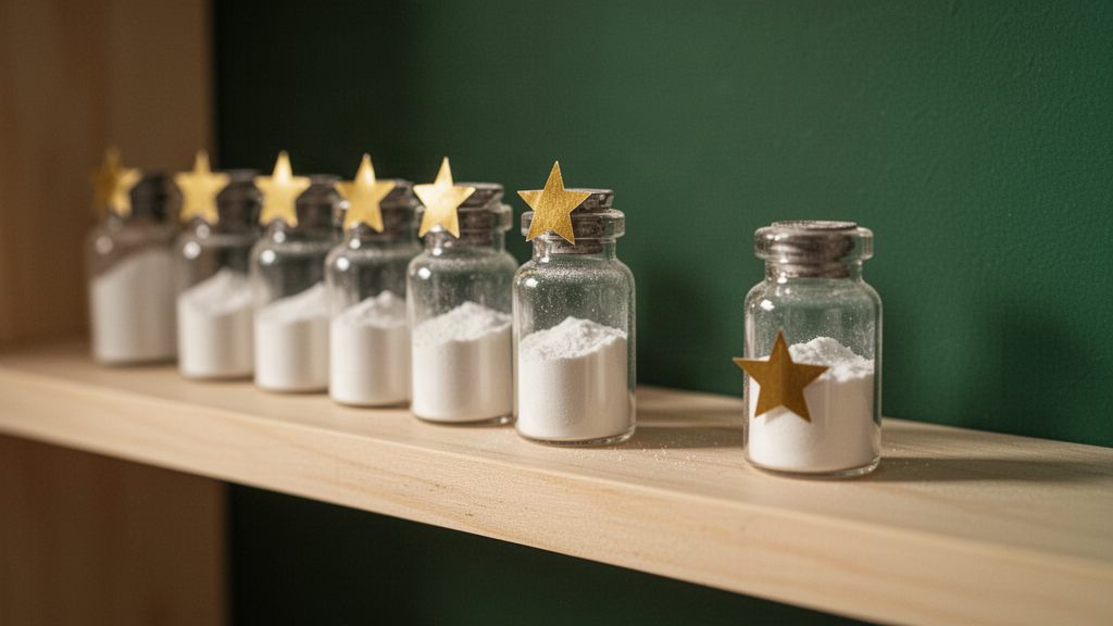 A row of vials on a shelf topped with gold star stickers, one set apart
