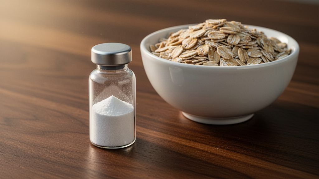 A sealed vial of white powder beside a bowl of rolled oats on a walnut table