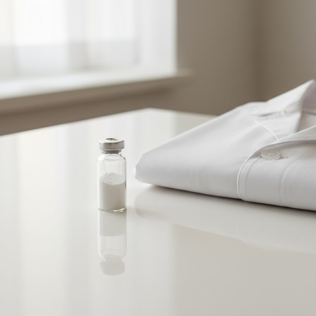 A small vial of white powder on a clinical countertop beside a folded white lab coat