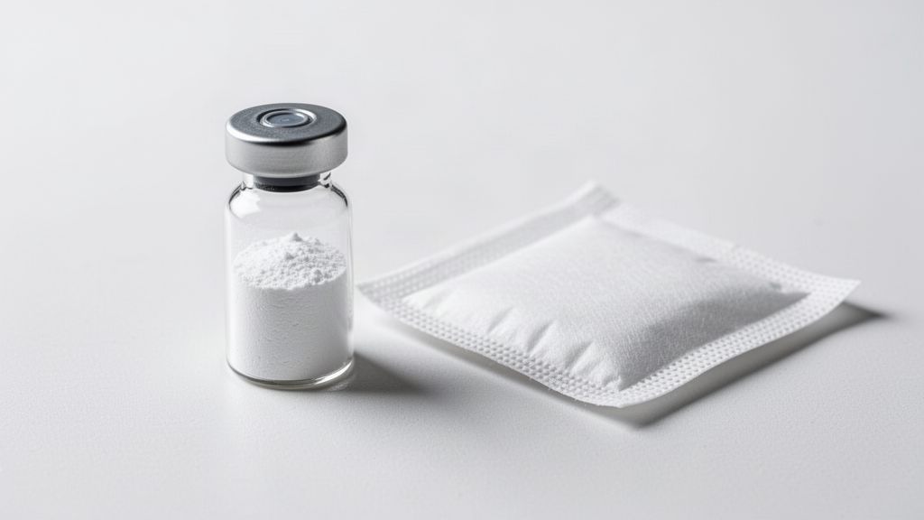 A sealed vial of white powder beside a packaged sterile gauze pad