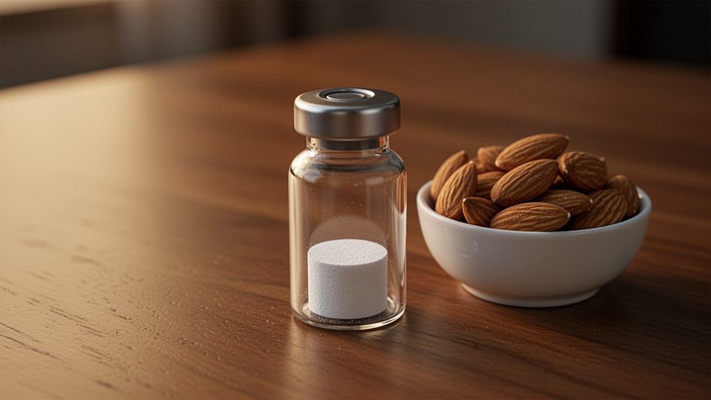 A sealed vial of white powder beside a bowl of almonds on a wooden table