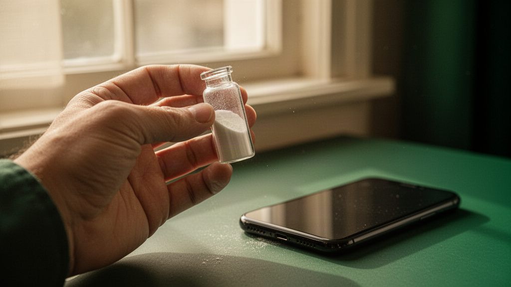A hand holding a small vial of white powder up to window light, a phone face-down on the table