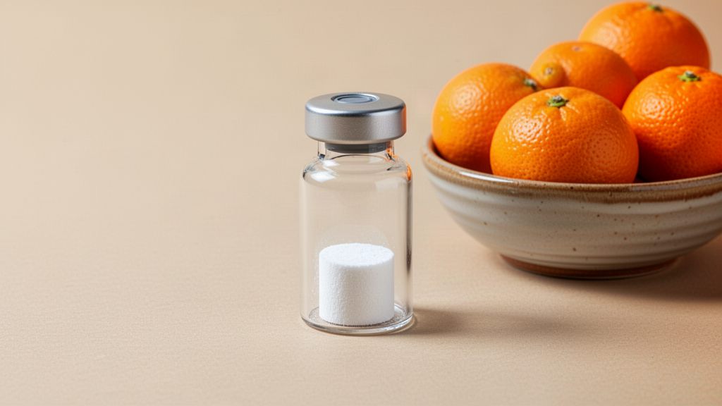 A sealed vial of white powder beside a ceramic bowl of oranges