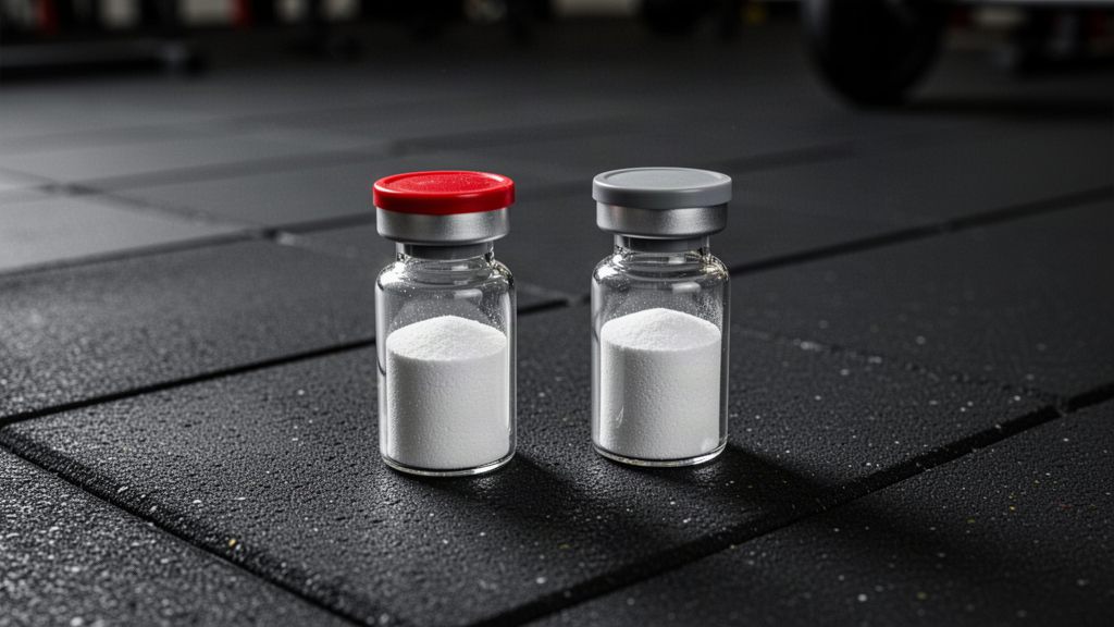 Two sealed vials of white powder with red and grey caps on a gym floor