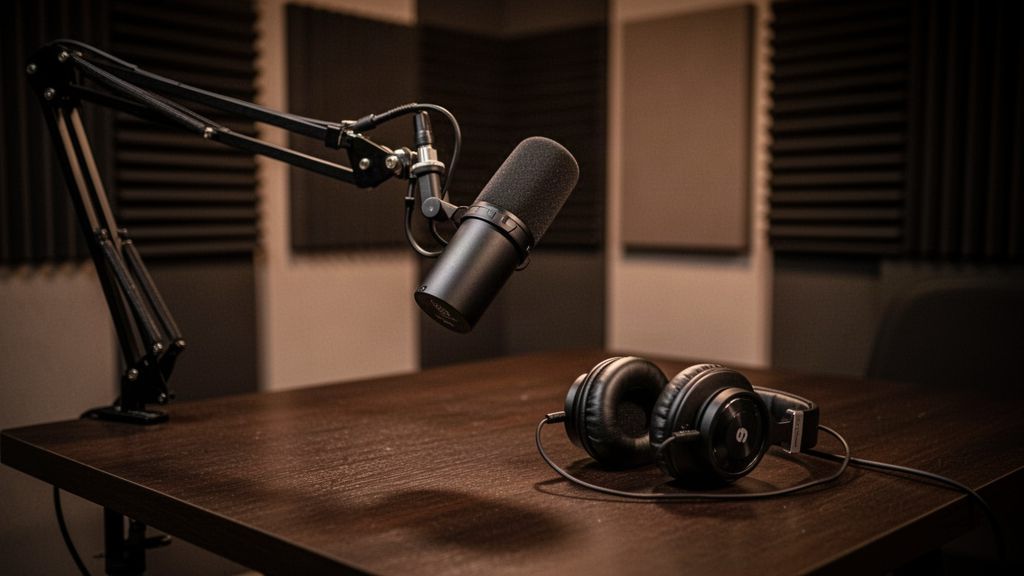 A podcast microphone on a boom arm and headphones on a dark wooden studio table