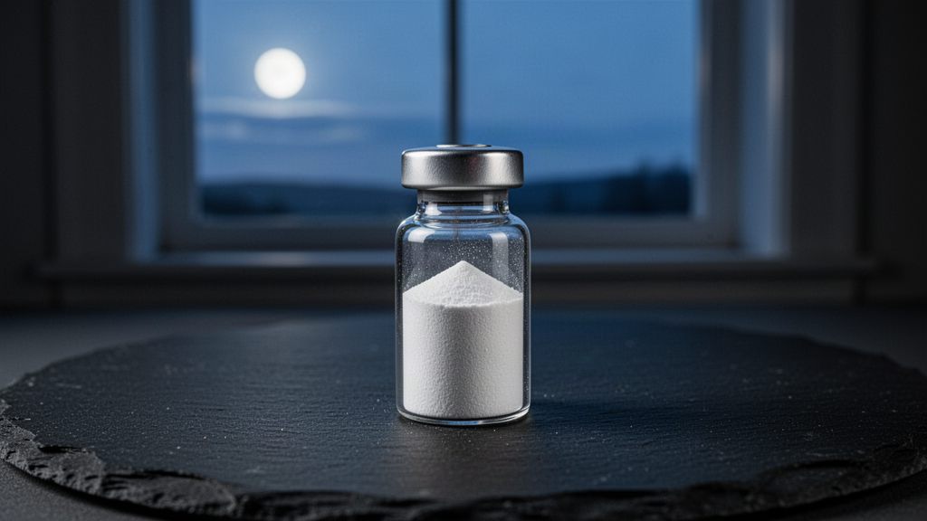 A small vial of white powder on dark slate in front of a moonlit window