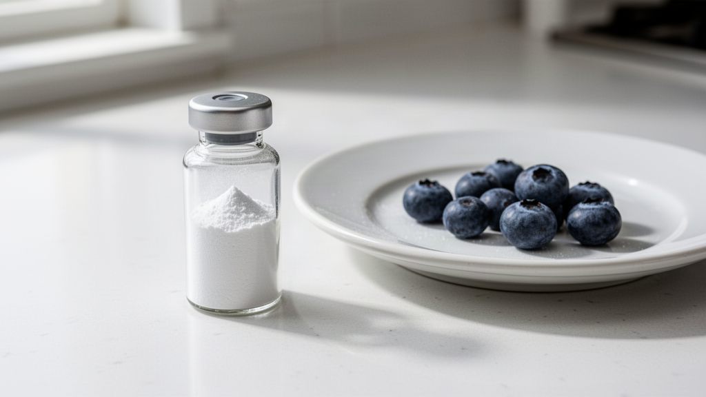 A sealed vial of white powder on a kitchen counter next to a plate of blueberries