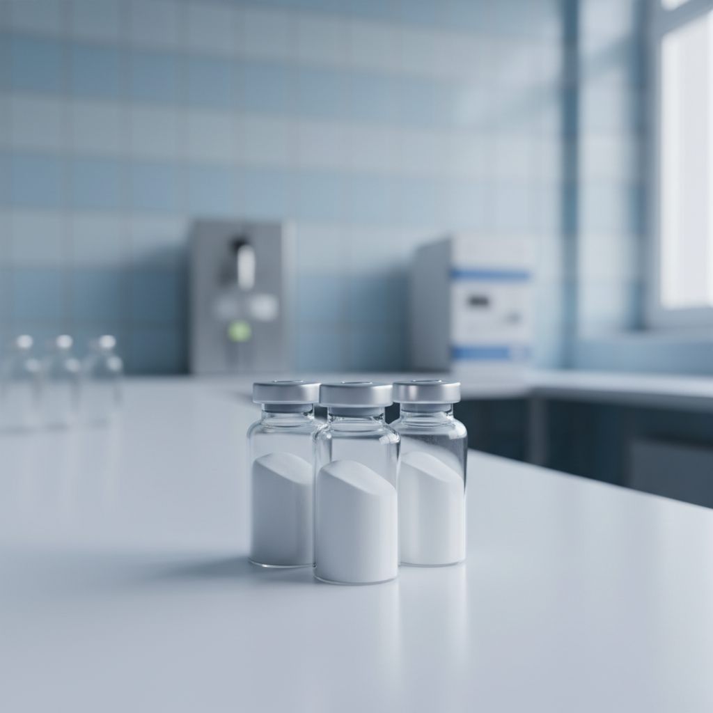 Three small vials of white powder on a white laboratory bench