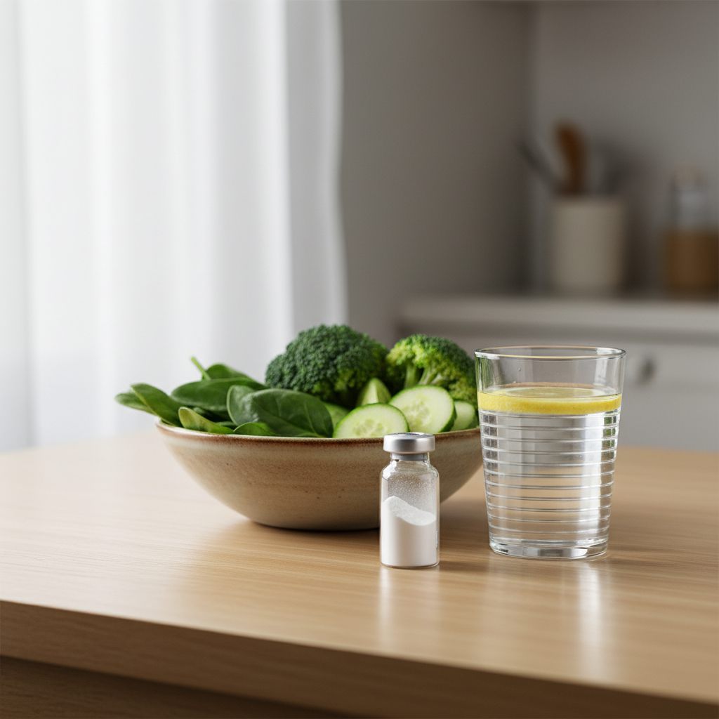 A small vial of white powder on a kitchen table beside a bowl of green vegetables and a glass of water