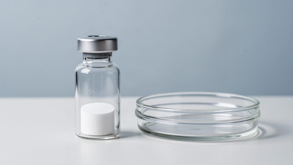A sealed vial of white powder beside stacked glass petri dishes on a lab bench