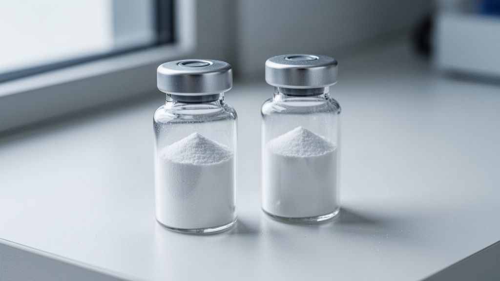 Two small vials of white powder on a white bench in soft daylight